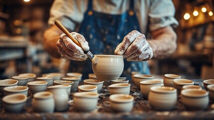 Artisan skillfully painting handmade pottery pieces in a studio setting