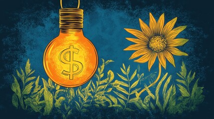 Sustainable Ideas Glowing bulb and blossoming sunflower symbolizing innovation and nature's balance under cosmic indigo hues