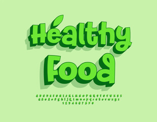 Vector Gourmet emblem Healthy Food. Playful Green 3D Font. Funny Artistic Alphabet Letters and Numbers set.