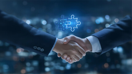 Fototapeta premium Partnership Agreement: A symbolic digital handshake of two professionals, representing partnership, agreement and the successful completion of a deal. Illustrating teamwork and the power of unity.