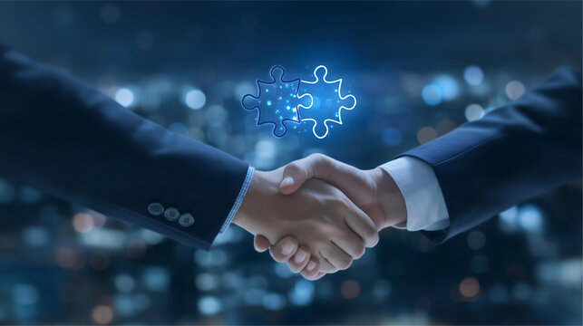 Partnership Agreement: A symbolic digital handshake of two professionals, representing partnership, agreement and the successful completion of a deal. Illustrating teamwork and the power of unity.