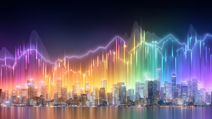 Naklejka premium Dynamic Metropolis: Illuminated cityscape with vibrant lines representing the stock market graph, symbolizing economic activity and financial growth.