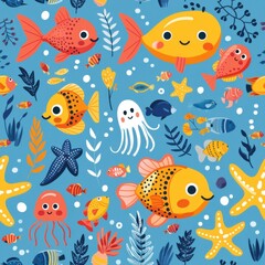 Fototapeta premium seamless cartoon marine life pattern with fish, starfish, jellyfish, seahorses, corals in vivid colors