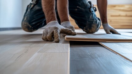 Close up of worker installing modern laminate flooring in new apartment
