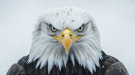 Close-up portrait of a majestic bald eagle staring intensely in winter