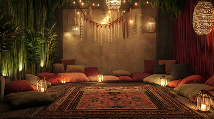 Cozy Bohemian Room Interior with Warm Lighting and Pillows