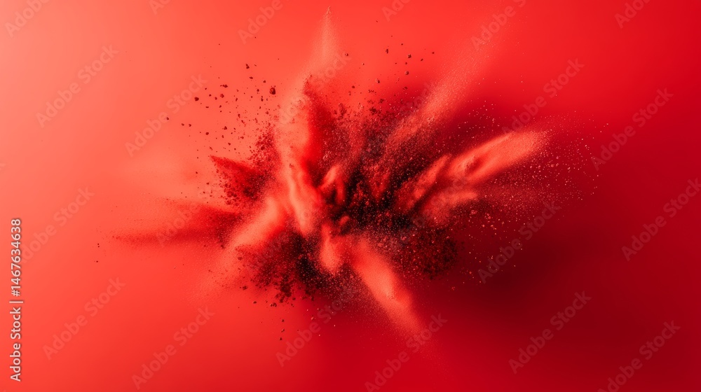 Poster red background with a red explosion in the middle. the explosion is made up of red and black particl