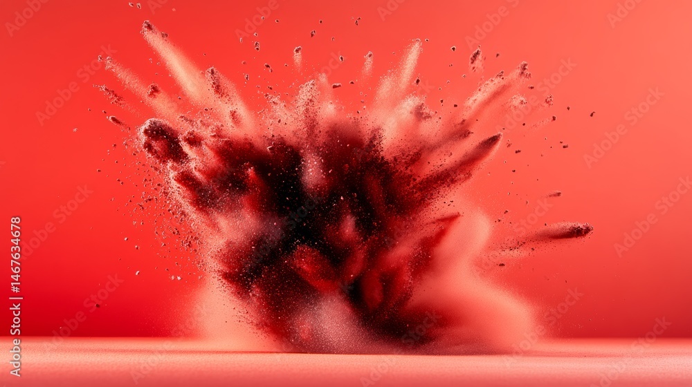 Poster red background with a large explosion in the foreground. the explosion is made up of red and black p