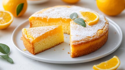 Delicious homemade orange cake dusted with powdered sugar on a white plate