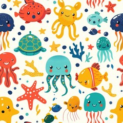 seamless cartoon marine life pattern with fish, starfish, jellyfish, seahorses, corals in vivid colors