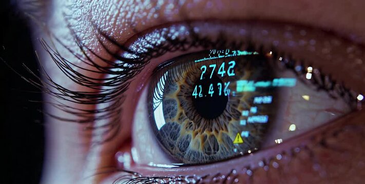Close-up of a human eye reflecting flickering screen digits, conveying information overload