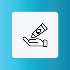 Thin line icon of a hand applying lotion from a tube, representing daily skincare and moisturizing routine.