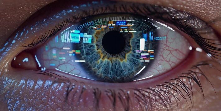 Close-up of a human eye with flickering futuristic digital interface news, social media reflection