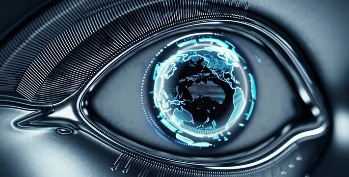 Futuristic metall cybernetic eye with a holographic rotating globe, symbolizing global connectivity