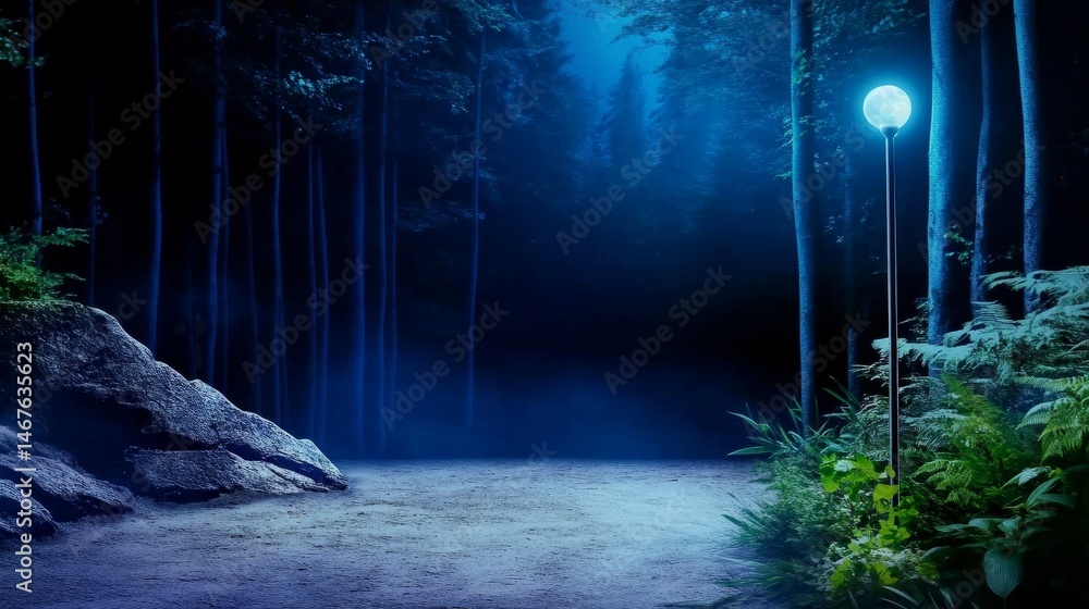 Poster moonlit forest path - serene night scene of a moonlit path winding through a dark forest, illuminate