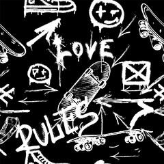 Seamless pattern with charcoal graffiti, doodles, punk and skateboards and text. Pencil drawn icons.