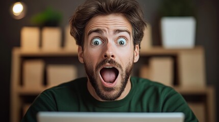 Man with a beard and green shirt is looking at a laptop screen with an open mouth. He is surprised or excited about something on the screen