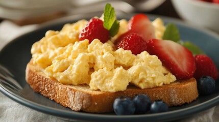 Exquisite Scrambled Eggs Toast with Fresh Strawberries and Blueberries closeup