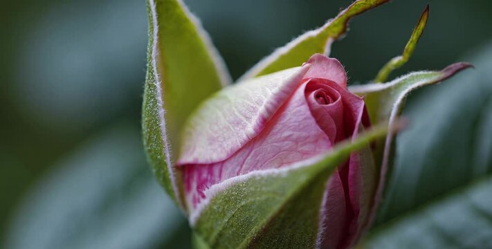  Pink rosebud blooming timelapse, close-up macro shot, natural soft light