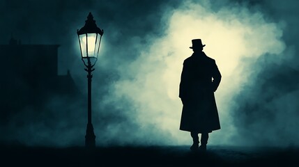 Obraz premium Mystery figure silhouette with vintage street lamp and fog