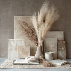 Neutral aesthetic display of art pieces, pampas grass, and textured objects