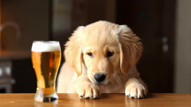 golden retriever puppy sitting on the table in fornt of basket of bread