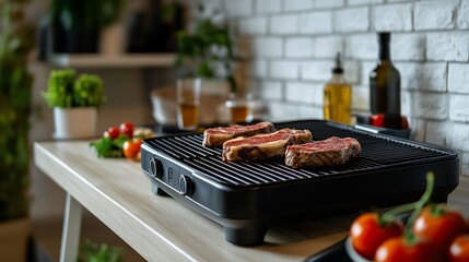 Sizzling steaks on an electric grill amidst a culinary composition