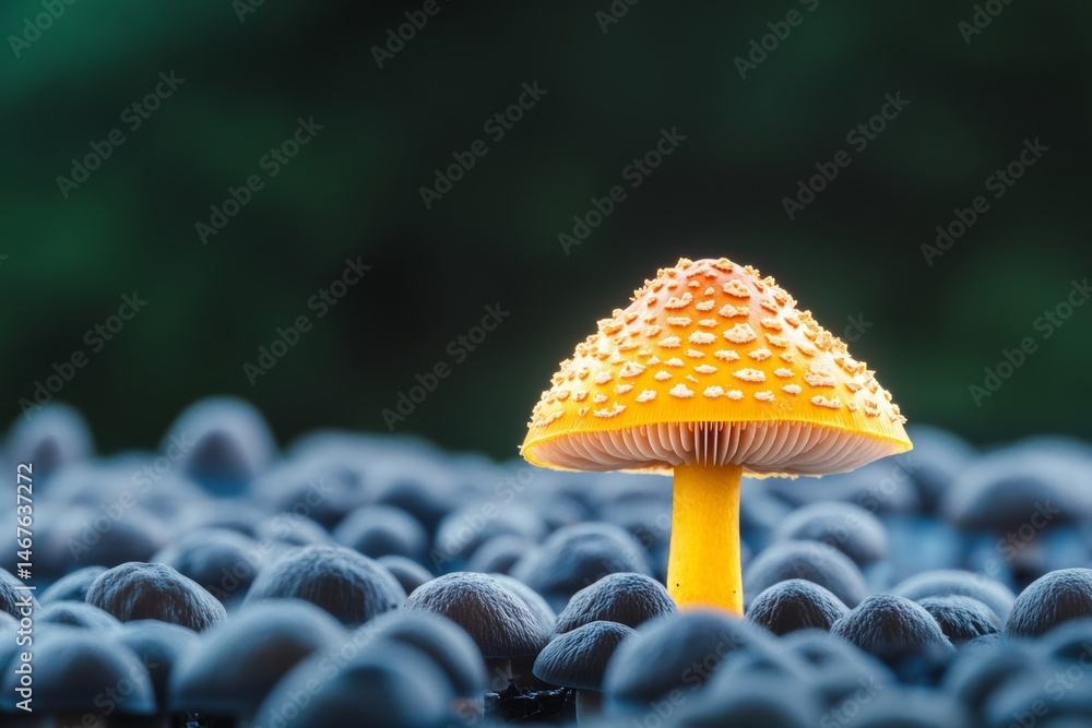 Poster mushroom is the only thing in the image. it is yellow and has a brown cap. the mushroom is surrounde