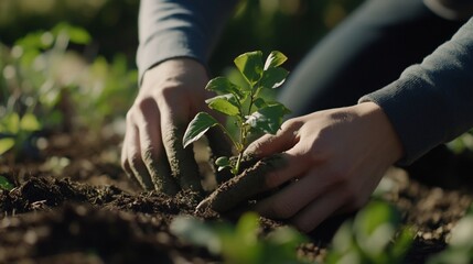 Close-up of Person Planting a Young Sapling in Fertile Soil with Bare Hands
