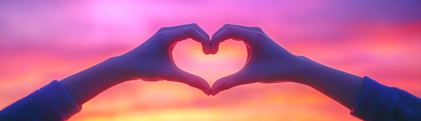 Fototapeta premium Two hands forming a heart shape against a colorful sunset sky.