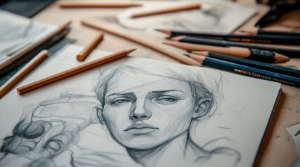Artistic expression: Graphite portrait sketch with art supplies surrounding the artwork
