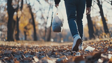 Volunteer collects trash in autumn park to enhance environmental sustainability