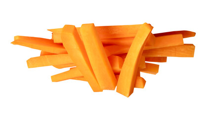 Side view of orange carrot slices in stick shape in stack isolated with clipping path in png file...