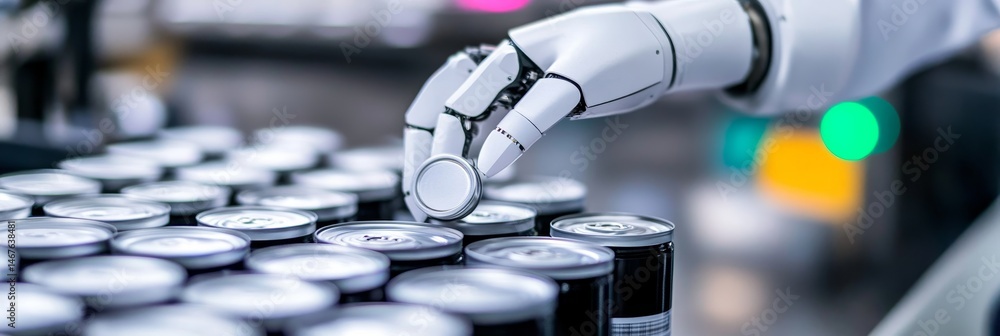 Poster robotic arm handling cans in factory setting - automation, technology, precision, efficiency, indust