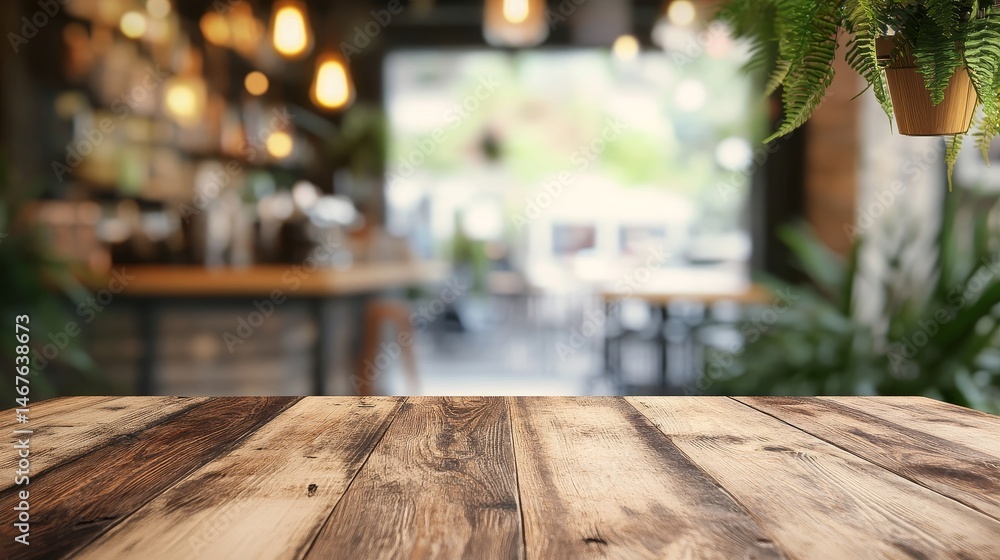 Poster rustic wooden tabletop in blurred cafe setting - empty rustic wooden table in front of a blurry back