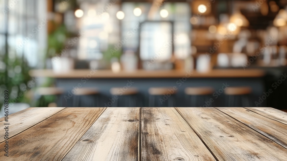 Poster rustic wooden tabletop in blurred cafe setting - empty wooden table in front of a blurred coffee sho
