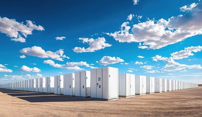Obraz premium White rectangular storage units in a barren landscape under blue sky.