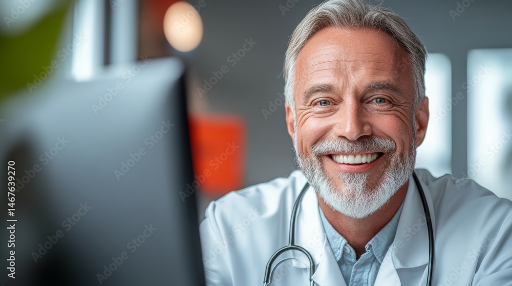 Poster smiling man in a white lab coat is sitting in front of a computer. he is wearing a stethoscope aroun