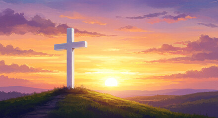 White cross illuminated against a colorful sunset sky.
