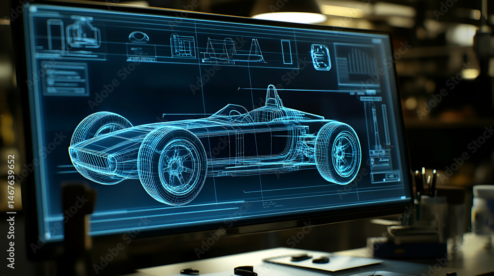 Poster digital blueprint of a racecar on a computer screen