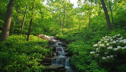 Fototapeta premium Lush forest waterfall cascading down rocks
