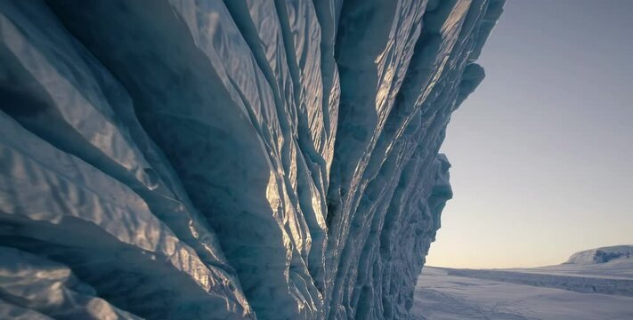 Moving alongside a massive ice wall at sunset in the Arctic, cinematic timelapse motion scene