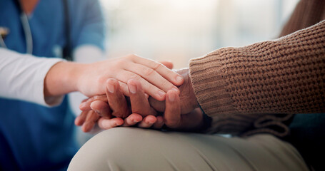 Trust, nurse and senior patient with holding hands on sofa, support and console for medical news....