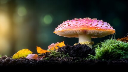 Large red mushroom with white spots sits on a patch of dirt. The mushroom is surrounded by leaves and moss, giving it a natural and earthy feel. Concept of tranquility and harmony with nature