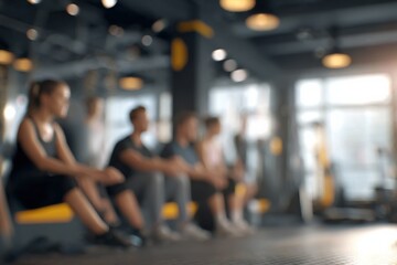 Blurry image of a group fitness class, diverse group of adults working out.