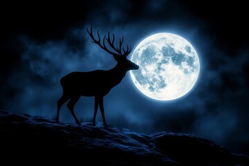 Silhouette Deer Moonlit Night - Majestic deer silhouette, full moon, night sky, serene nature, peaceful wildlife. Symbolizing tranquility, mystery, wilderness, lunar energy, and wild beauty