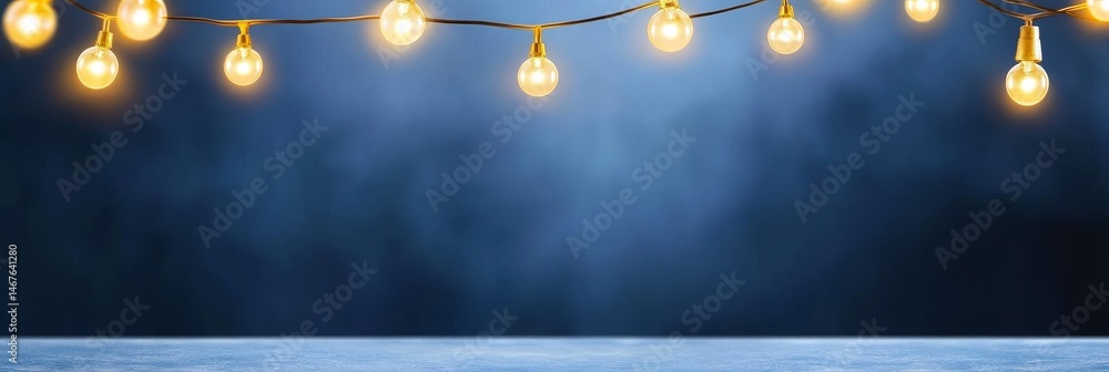 Poster string lights festive background - warm string lights illuminate a dark blue backdrop, symbolizing c