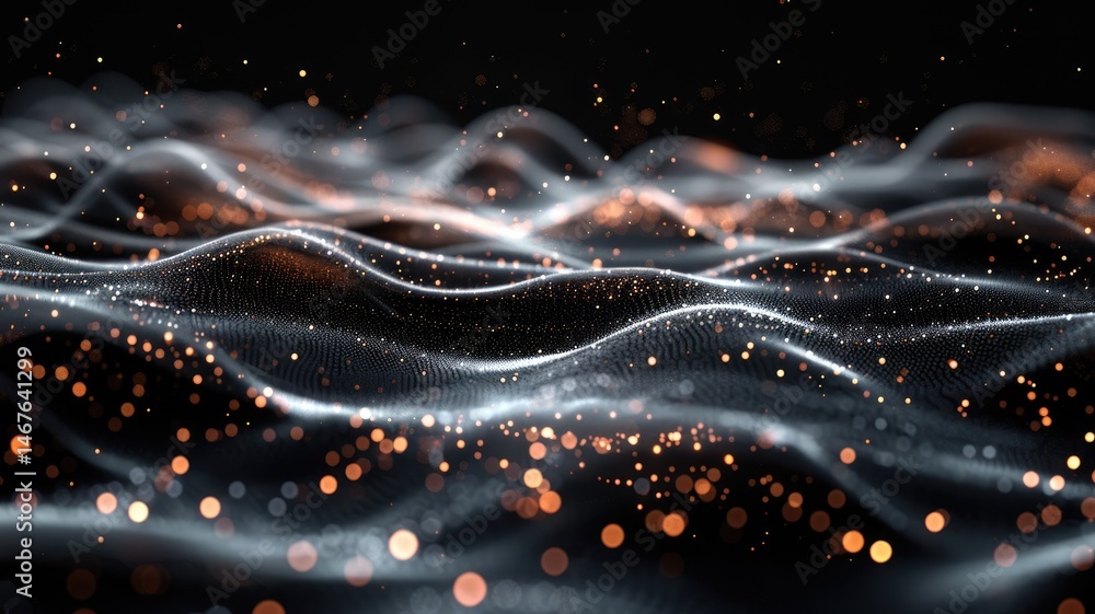 Poster abstract picture micro light sparkling particle represent data flow. vivid flowing wave with high te