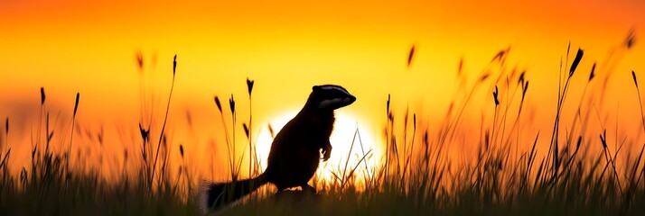 Striped Skunk Silhouette at Sunset - A striking silhouette of a striped skunk against a vibrant sunset. Symbolizing wilderness, freedom, nocturnal life, nature's beauty