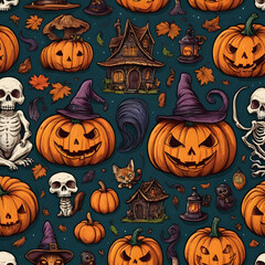Spooky Halloween Seamless Pattern Jack o' lanterns Pumpkins Witches Hats Skeletons Cats and Haunted Houses